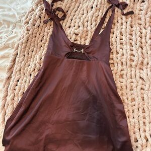 Brown Satin Tie-Strap Dress